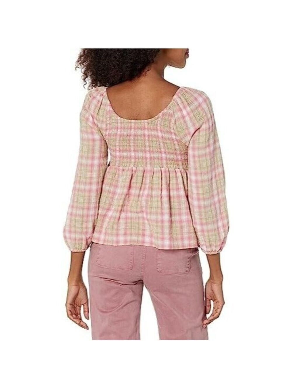 Tommy Hilfiger Women's Plaid Peplum Smocked Blouse - Rosebud, Size Small - Picture 2 of 2